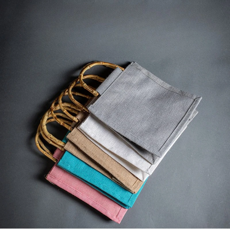 Custom Logo Natural Tote Bag Round Bamboo Ring Handles Multi Pastel Color Eco Linen Bag Wedding Bridesmaid Gift Beach Hand Bags