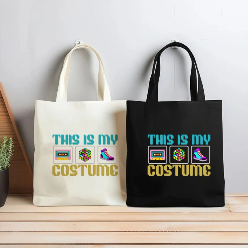 

Nostalgic 80s 90s Meme Pattern in Dual Colors - Black/White Canvas Reusable Shopping Bag, Hand Carry All Essentials Storage Bag