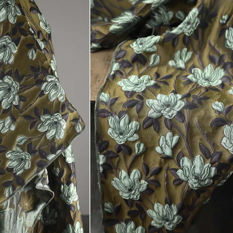 Green Coffee Magnolia Jacquard Fabric Retro Chinese Three dimensional Flower Texture Jacket Skirt Clothing Design Fabric