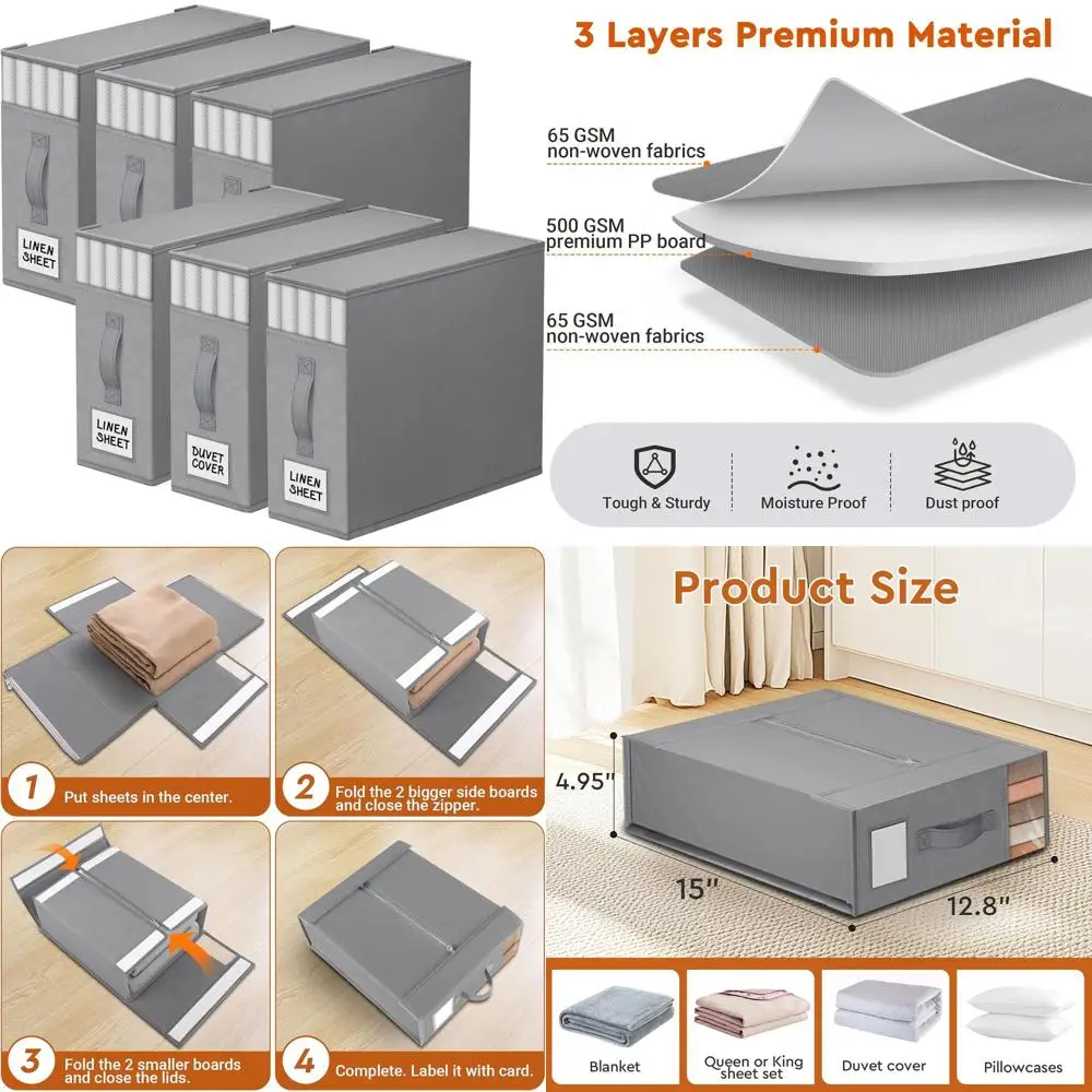 

6-Pack Foldable Closet Organizers with Window & Label for Bed Sheets, Duvet Covers, Blankets - Grey