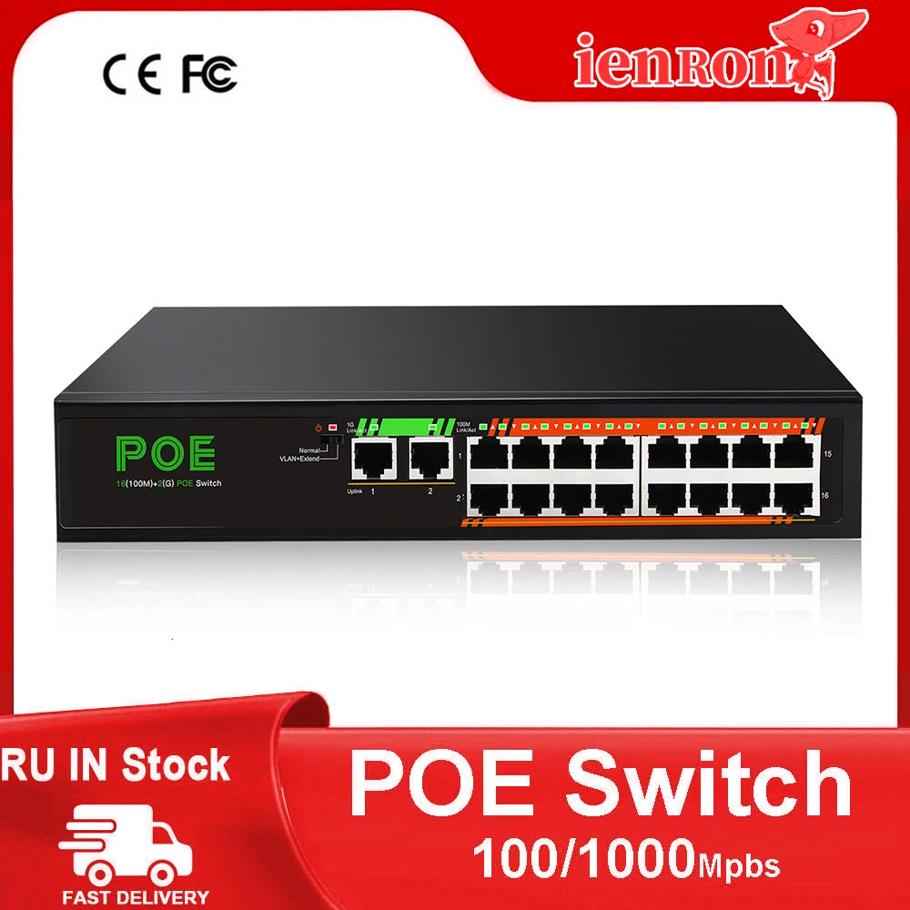 IENdepository-Commutateur Poe 1000 Mbps, réseau Ethernet Gigabit, 16 ports, PoE + 2 ports, alimentation 52V pour caméra IP, routeur WiFi