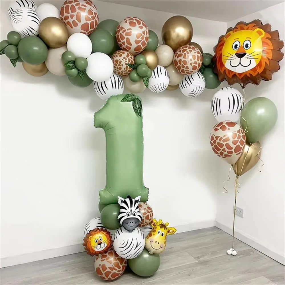 Jungle Animal Birthday Balloons Sage Green Number Balloons Arch Garland for Baby Shower Wild One Safari Birthday Party Decor