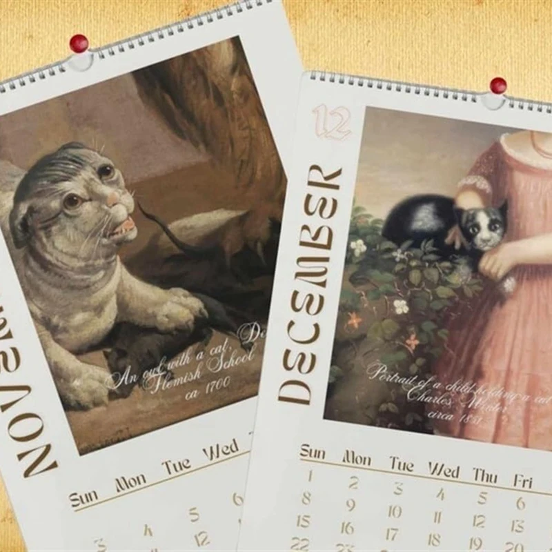 Calendário engraçado Renaissance Wall for Cats, Calendário pendurado na parede, Calendários de 12 meses, Feio e durável, 2024.2024