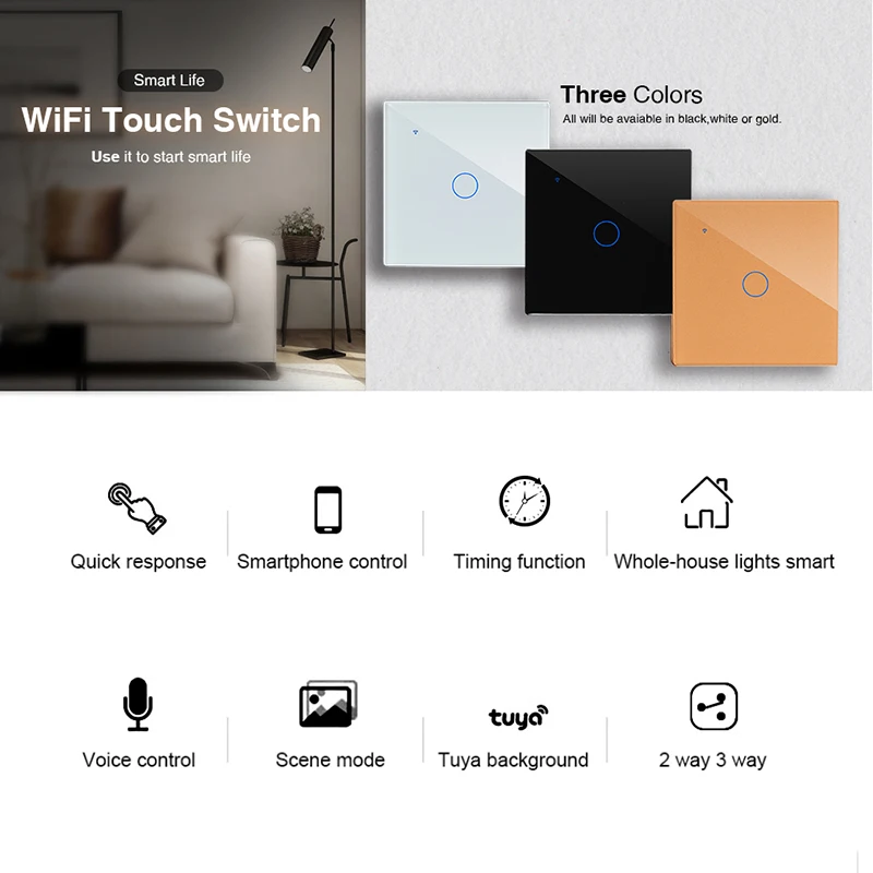 Tuya WiFi Smart Touch Wall Switch 220V No Neutral Wire 1/2/3/4 Gang LED Light Switch Smart Home Alexa Google Home EU UK