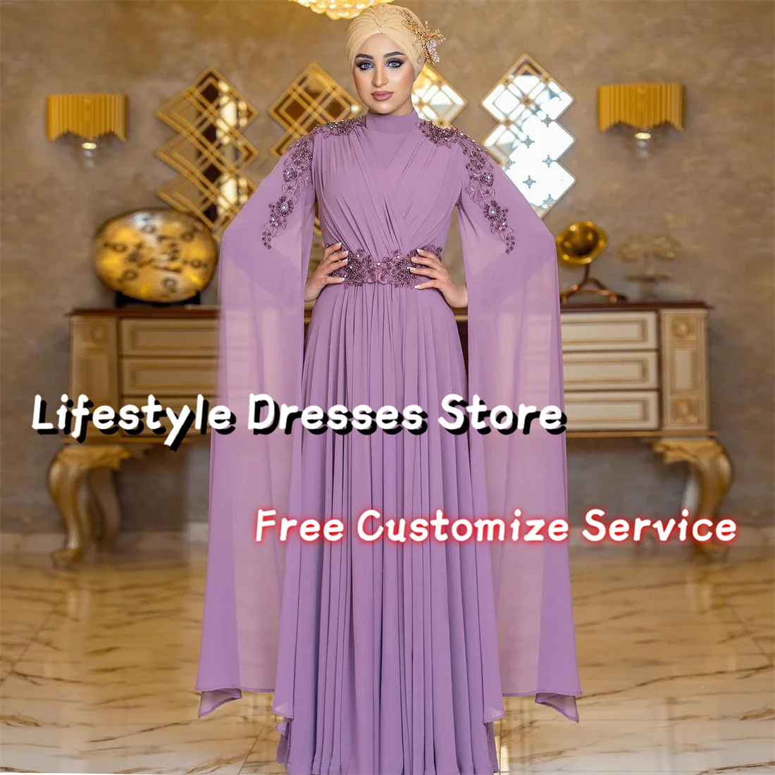 

Muslim Chiffon Elegant Evening Dresses Long Cape Sleeves Appliques A-line High Neck Prom Dress vestidos de fiesta elegantes 2024