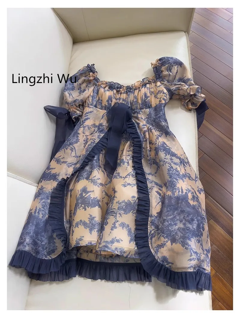 Lingzhi Wu Lolita Vintage Princess Dress, Puff Sleeve, Square Collar, Blue, French Design, Birthday Dress for Female