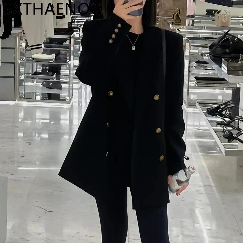 SXTHAENOO 2024 Women Double Breasted Jacket Commuter Mid length Suit Turn-down Collar Coat Light Luxury Black Wool Suit Jacket