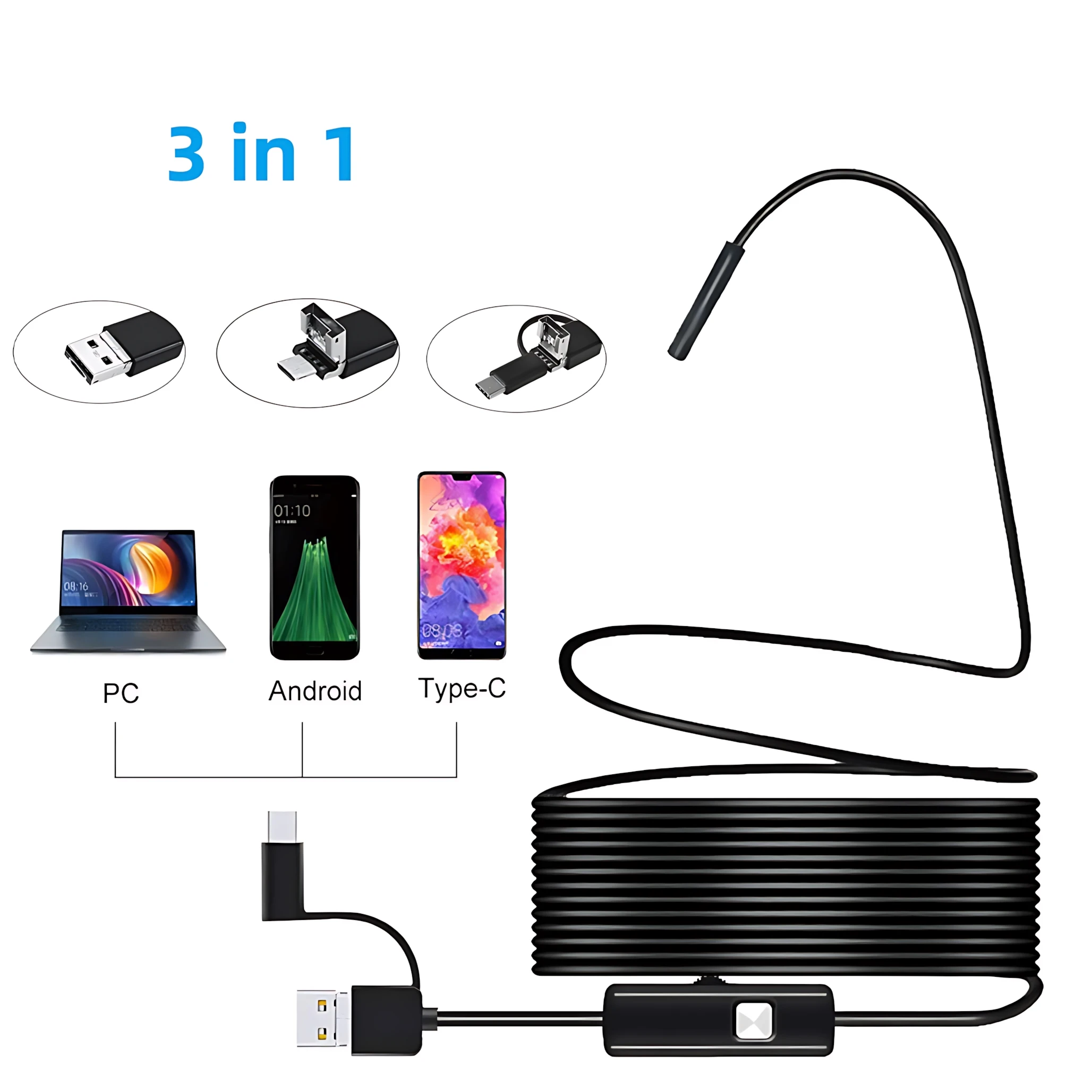 1-10m Car Inspection Endoscope Camera Android Type C PC 7MM USB Waterproof Borescope Camera for Car Scenarios 6 Led Lights