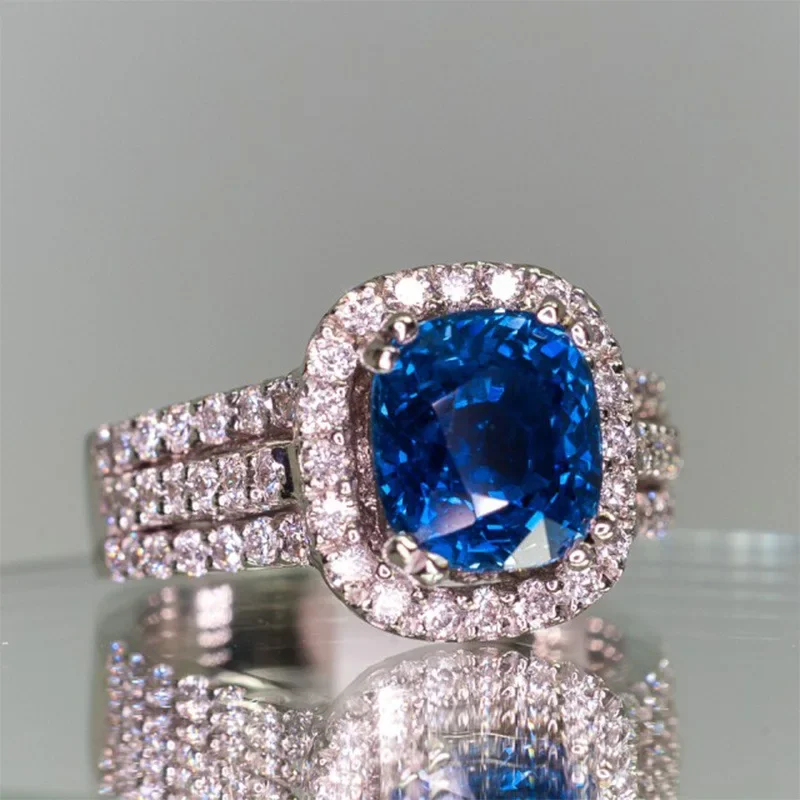 Luxury Female Rings 925 Sterling Silver Heart Arrow Blue Square Zircon Rings for Women Promise Love Bridal Wedding Band Jewelry