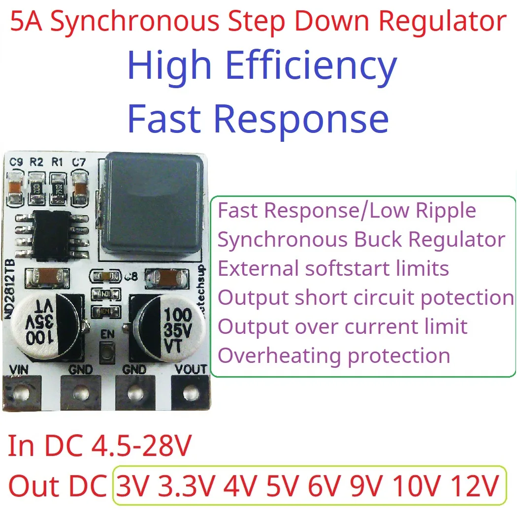 Step Down Regulator 5A High Efficiency Fast Response Synchronous4.5-28V to 3V 3.3V 4V 5V 6V 9V 10V 12V DC-DC Buck Converter