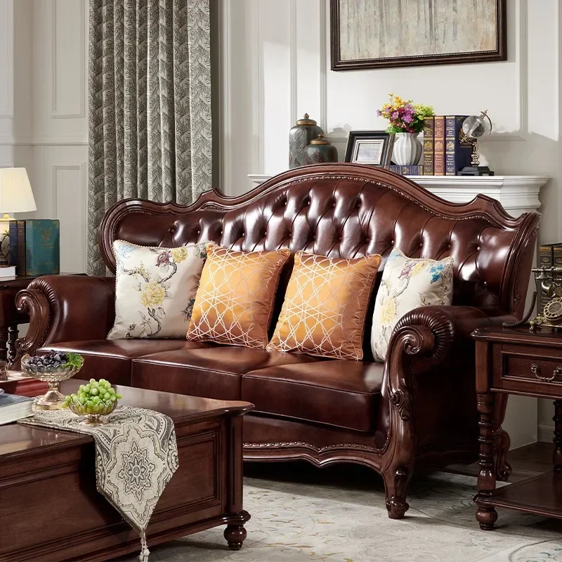 Solid Wood Sofa High-end Furniture Mahogany Retro Carved First Layer Cowhide Sofa Combination