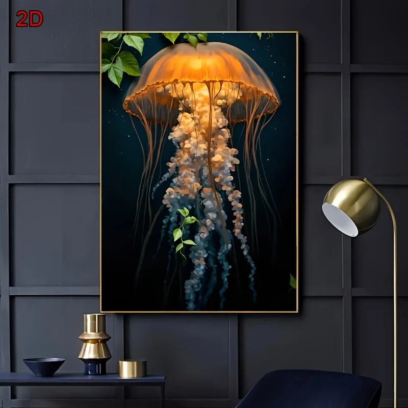 2D Flat Print, Frameless Canvas Art - Giant Jellyfish in Deep Sea, Ocean Biome Theme, Unframed Wall Art for Living Room, Bedroom - view 4