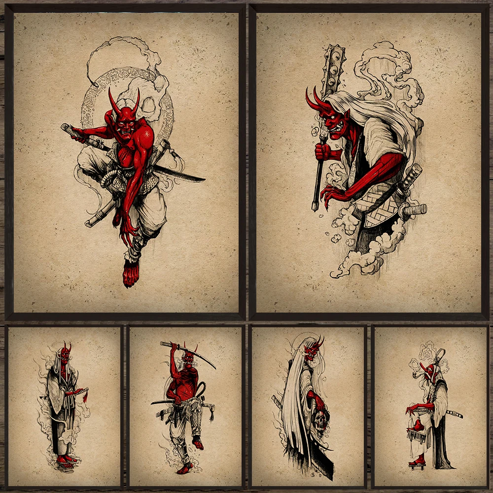 

The Evil Ghost Warrior In Japanese Folklore Vintage Wall Art Canvas Painting,Pagan Demon Abstract Art Poster And Print Decor