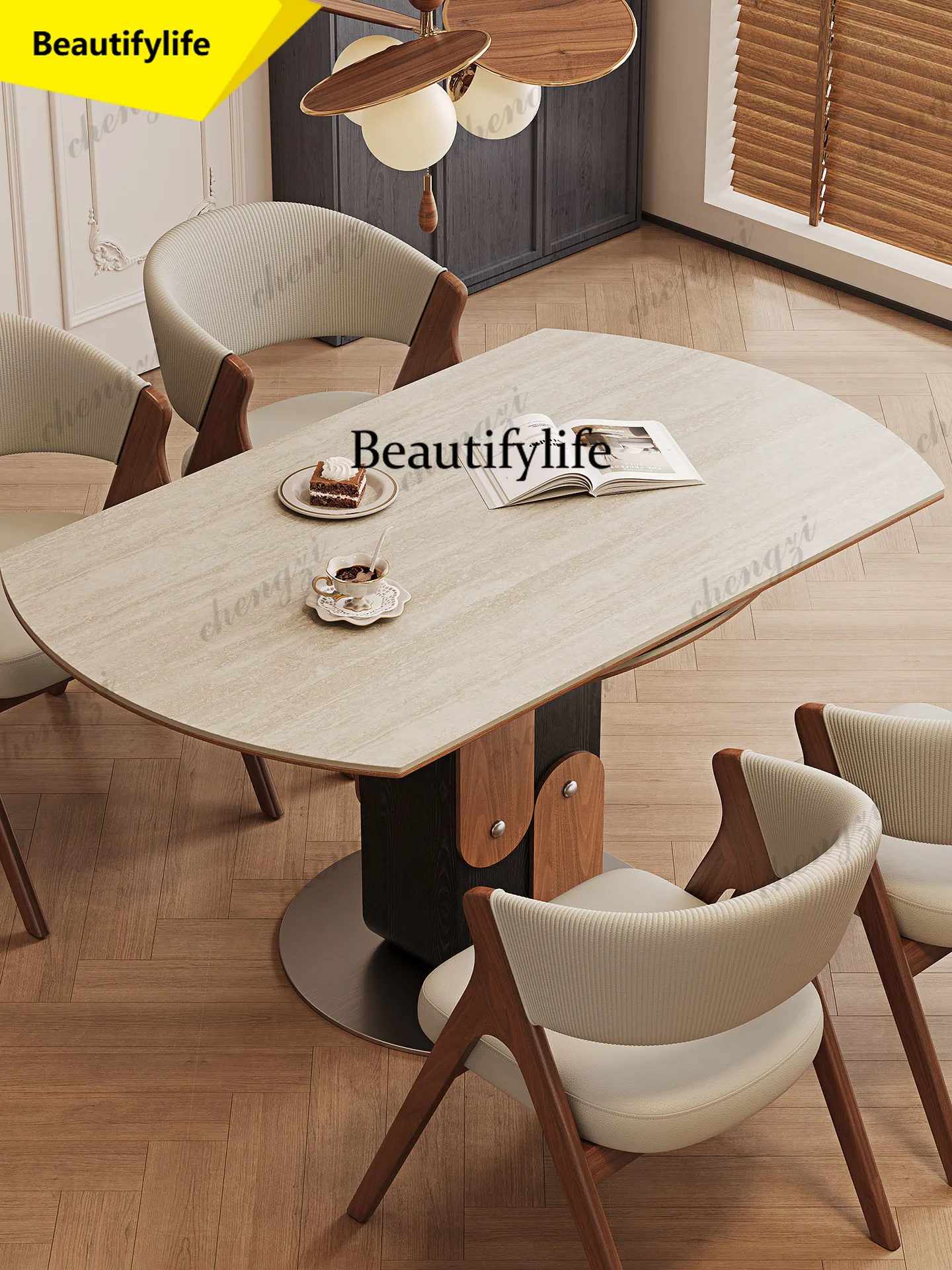 A17 Rock slab dining table round with turntable square and round dual-purpose household small apartment restaurant retractable