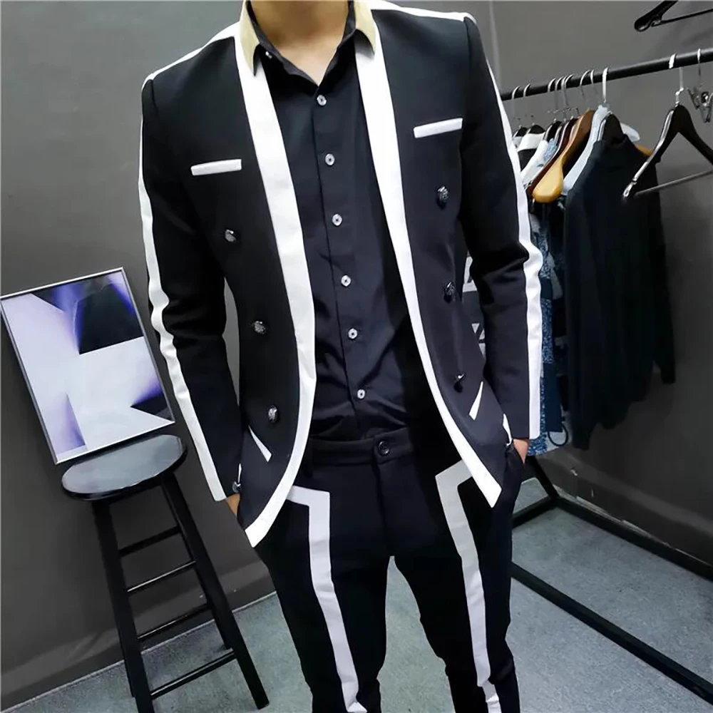 Chic Contrast Stripe Black White Suit Male Wedding Groom Suit Spring Disguised Men Slim Stage Outfit Male Party Set