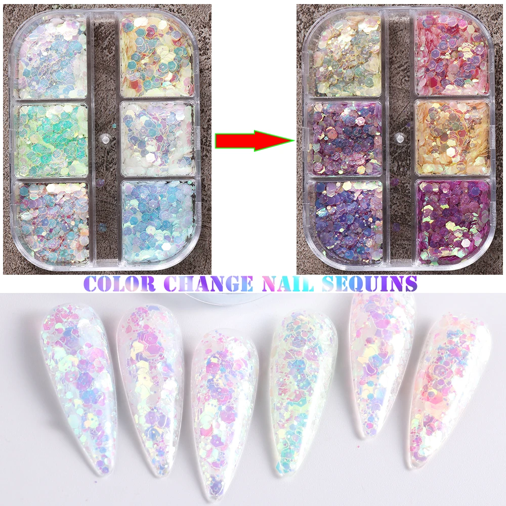 Color Changing Nail Glitter UV Light Photochromic Sequin For Nails Mermaid Effect Iridesecnt Flakes Gel Polish Decoration GLGBTA