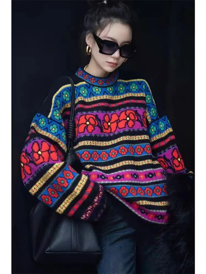 

Vintage Knitted Patchwork Sweater Women's Autumn and Winter Thick and Lazy Bottom Jacquard Soft Pullovers F516