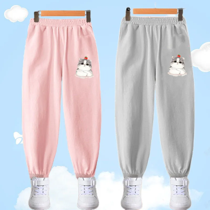 Children\'s Cute Cat Print Anti-mosquito Pants Summer Girls Cotton Thin Trousers Candy Sports Pants Baby Bloomers Tracksuit