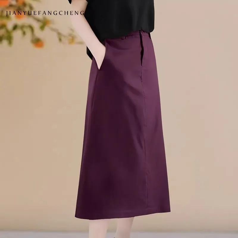Fashion Office Ladies Dark Purple Midi Skirt 2025 Fall New High Waisted A-line Broadcloth Cotton Skirts With Pockets