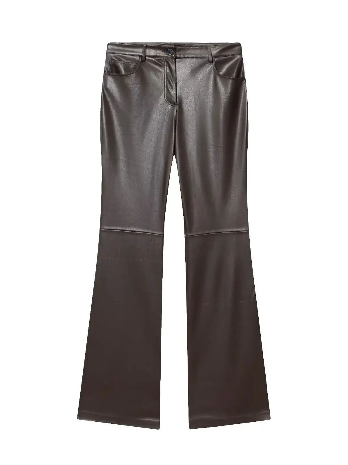 2026 Women's Elegant High Waist Faux Leather Trousers Office Lady Vintage Street Brown PU Slim Fit Zip-fly Button Flared Pants