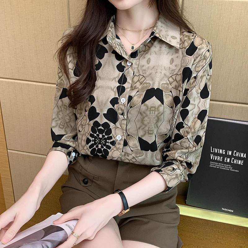 Women Spring Vintage Printing Loose trend Turn-down Collar Long Sleeve Shirts Women Clothes Casual All-match Office Lady Tops