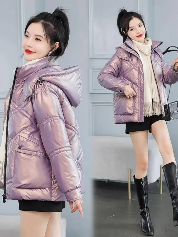 

Trendy ort down Cotton Jaet Women's Winter New Korean Sle Loose Bright Wa-Free Duling Coat Faionable Outerwear