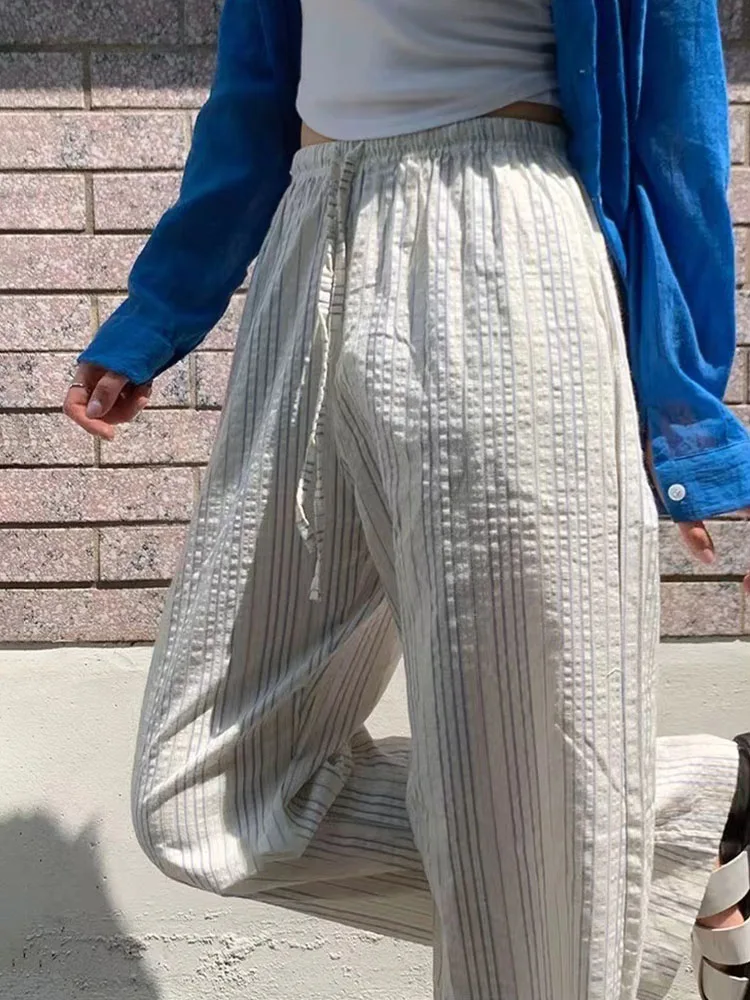 Women 100% Foamed Cotton Stripes Wide Leg Pants Korean Fashion Elastic Hight Waist Straight Trousers Casual Soft Mopping Pants