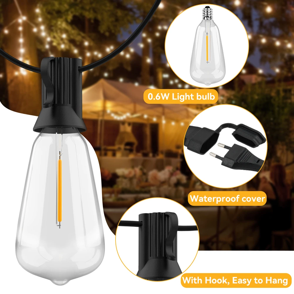 Guirnalda de luces para exteriores ST38, luces colgantes para Patio, cadena de luces decorativas para jardín con bombillas LED inastillables de 2200K para exterior
