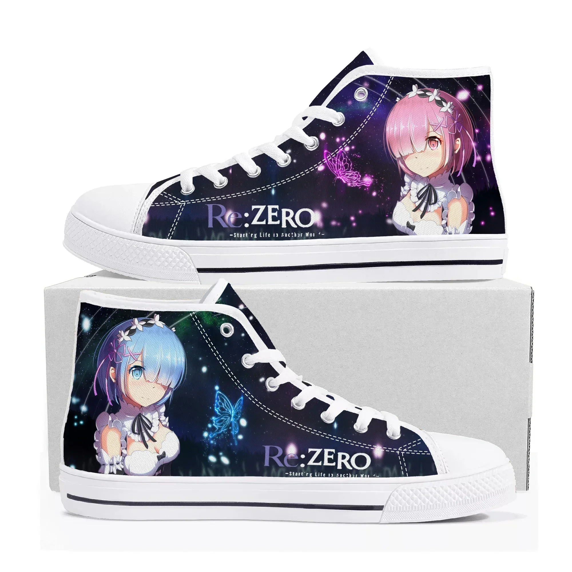 

Высокие кроссовки Rem Ram для мужчин и женщин Re:Zero, высококачественные кеды из канваса с мультяшными комиксами и мангой, индивидуальные кроссовки для пар