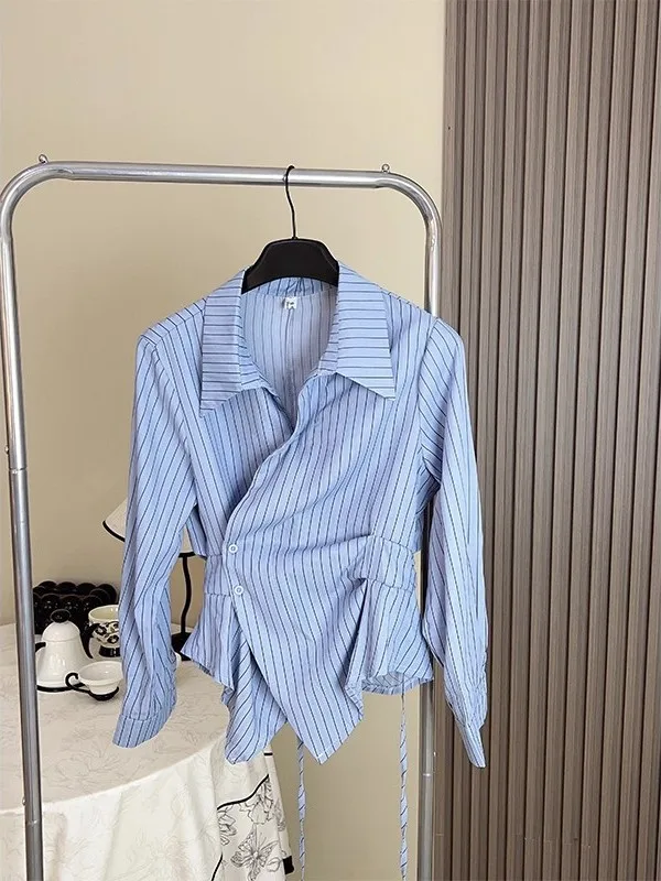 

Корейский дизайн, асимметричный топ с завышенной талией, осенний, в полоску, в стиле колледж, женский, удлиненный, стройнящий, модный, свободного кроя