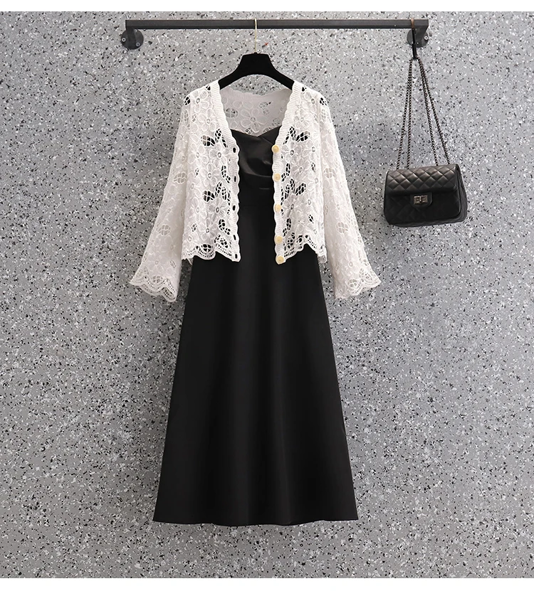 Large size women's hollowed out hook flower long sleeves cardigan paired with camisole dress spring and autumn short lace coat