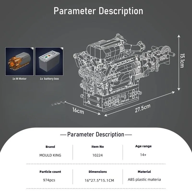 

974pcs MOULD KING V12 Engine Building Blocks Model Mechanical Assembly Kit Engineering Bricks Adult Collector Display Gift