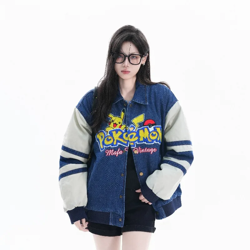 

2026 New Winter Women's Padded Denim Jacket - Lazy Vibe Color Block Pikachu Embroidered Thickened Designer Cozy Warm Outerwear