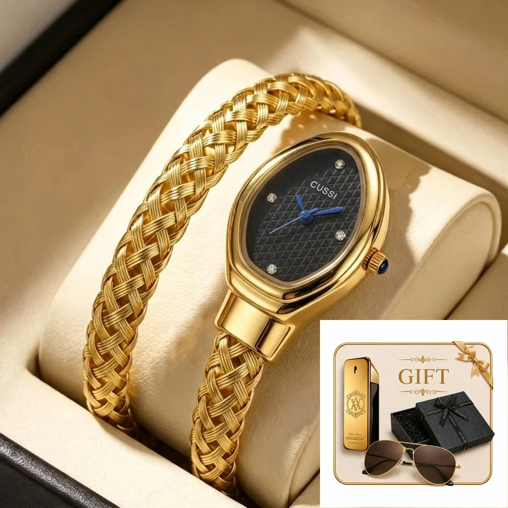 4pc Women's Gold Metal Braided Elegant Diamond Accents Sunglasses Perfume Quartz Watch Gift Set Birthday Anniversary