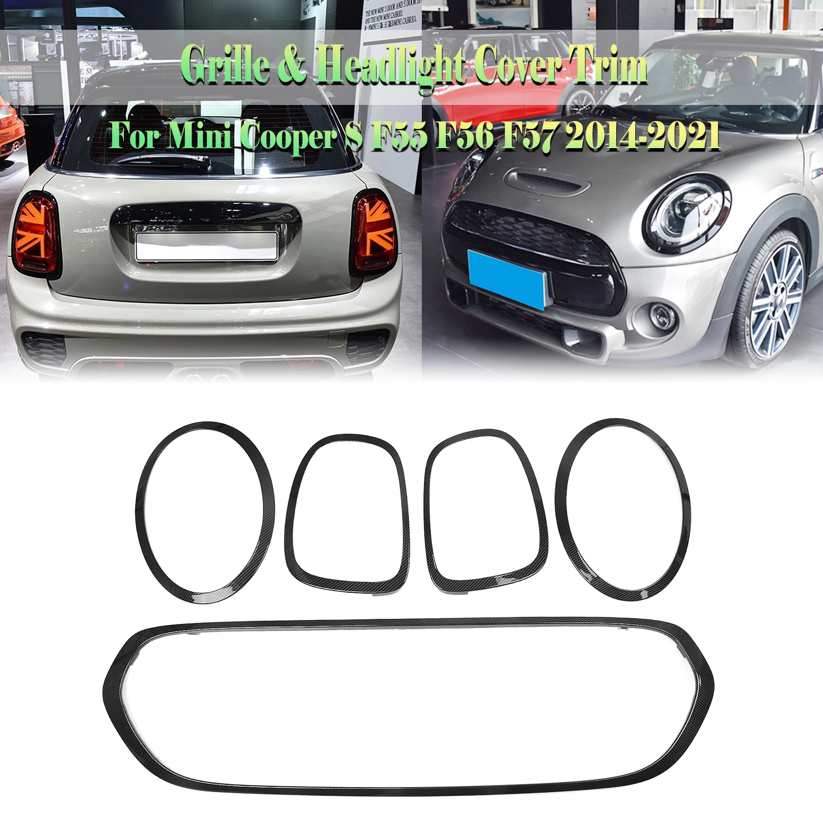 

Для Mini Cooper S F55 F56 F57 2014-2021 верхняя решетка из углеродного волокна, рамка гриля + передняя + задняя лампа, накладка на крышку