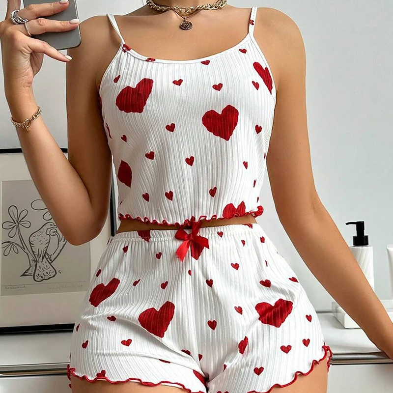 Women's Pajamas Set Sleepwear 2 PCS Short Tank Tops And Shorts S M L XL White Ventilate Soft Casual Love Printing