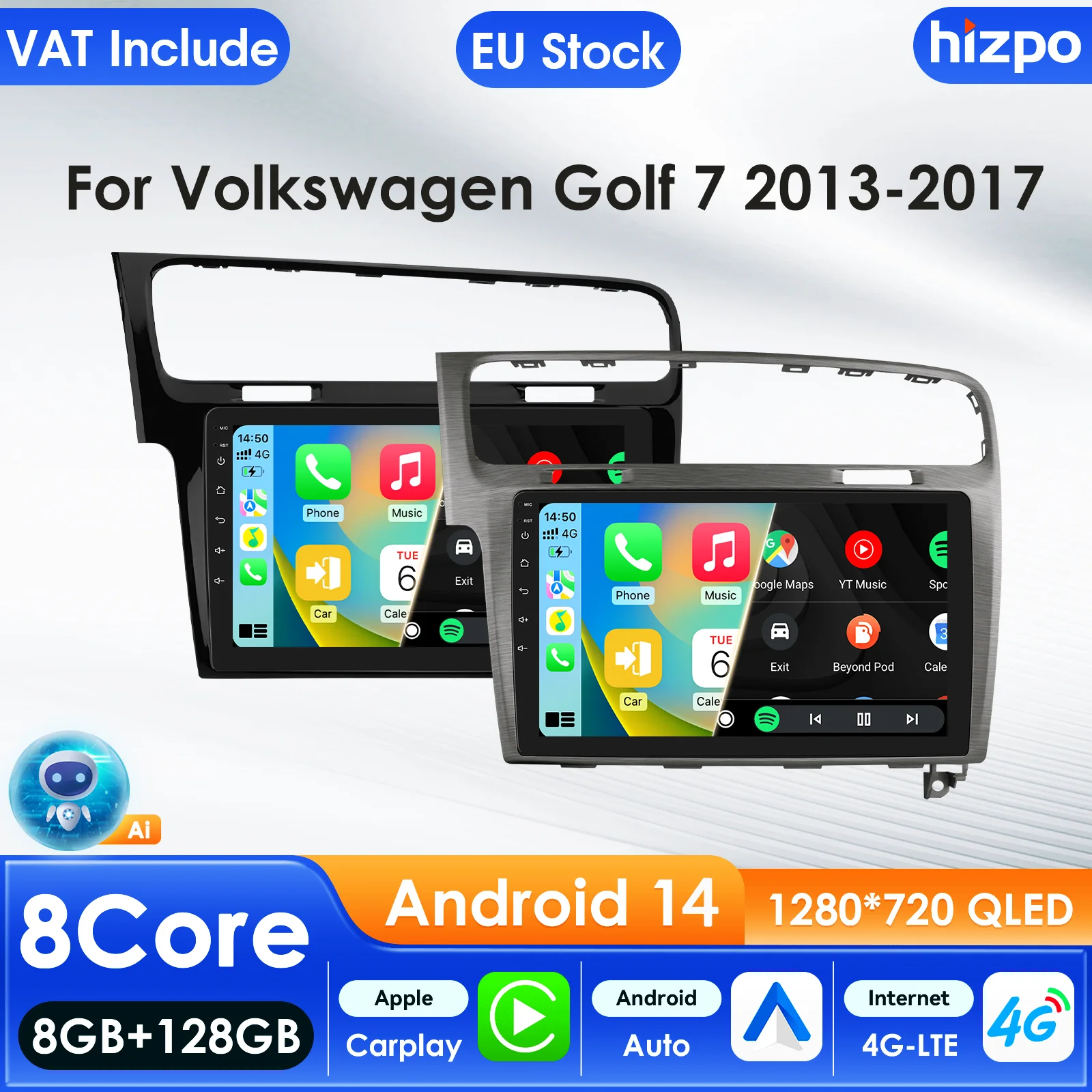 كاميرا Hizpo 360 4G Carplay 4G 7862 أنظمة AI أندرويد 14 راديو السيارة لسيارة Volkswagen Golf 7 2013-2017 مشغل فيديو الوسائط المتعددة GPS