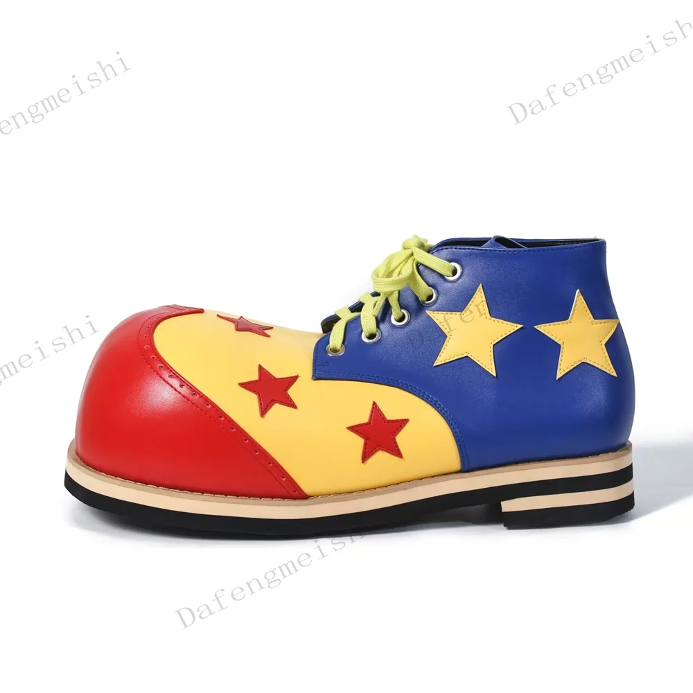 Color Block Stage Performance Shoes Star Patchwork Big Round Toe Lace Up Ankle Boots Cosplay Party Stage Footwear Flats Shoes
