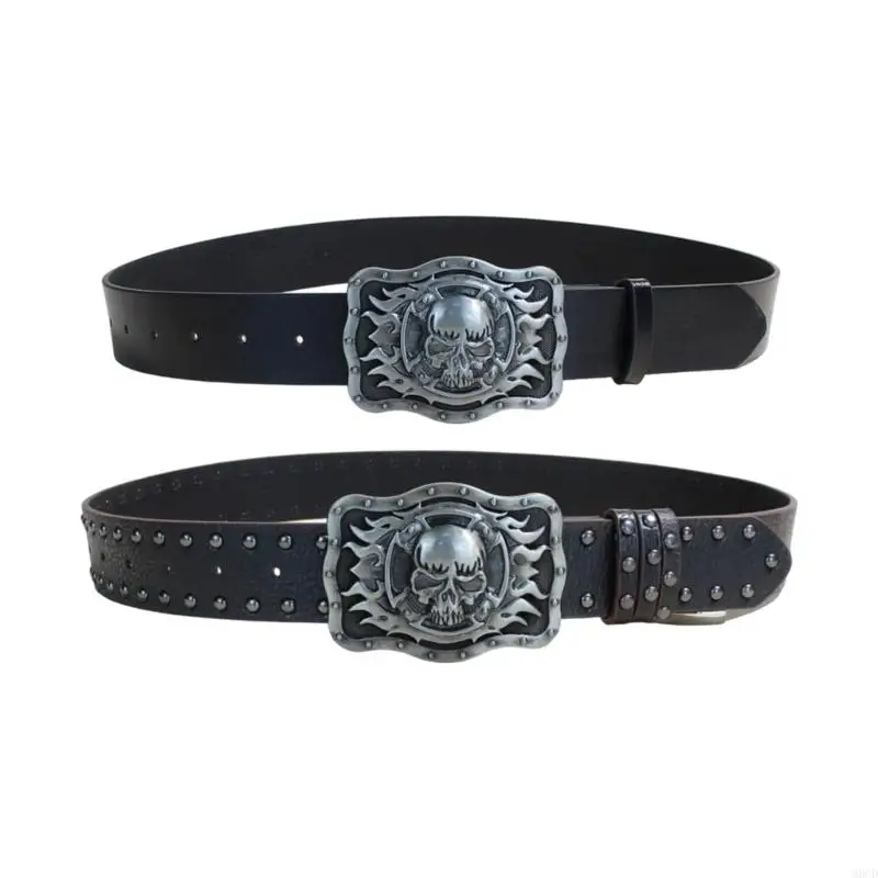 

M6CD Men's Belt Western Skull PU Leather Adjustable Metal Buckles For Party