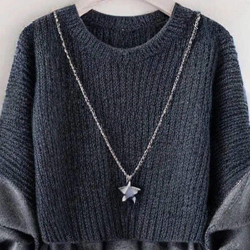 2025 가을/겨울 새로운 라운드 넥 모직 가짜 투피스 탑 스플라이싱 트렌디 긴 소매 루즈