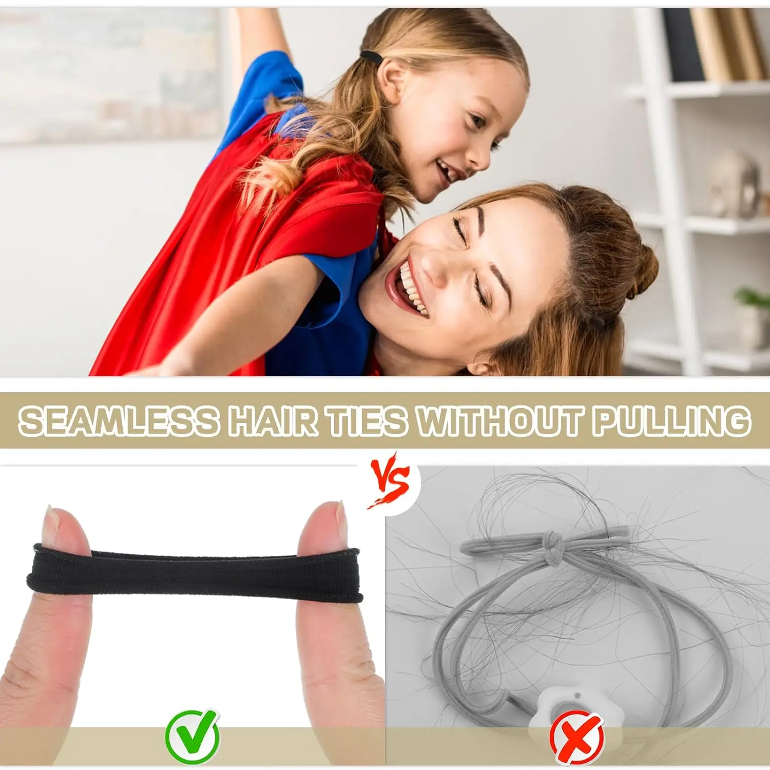 100PCS 4cm Black Hair Ties, Cotton Seamless Ponytail Holders, No Damage Elastics Hair Bands for Thick Heavy &Curly Hair