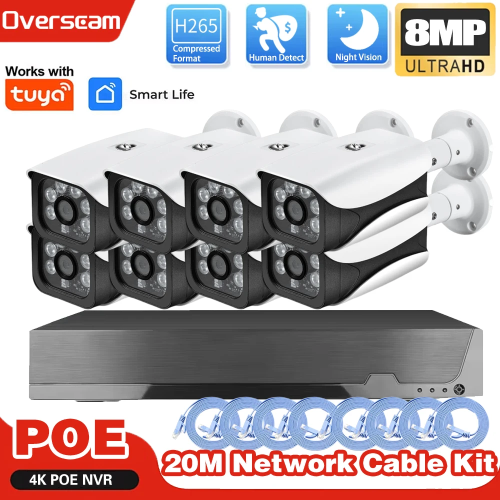 

Tuya 8MP 4K Система камер безопасности lP Водонепроницаемая уличная 8-канальная Smartlife POE NVR Обнаружение человека CcTv Bulet Домашнее наблюдение NVR