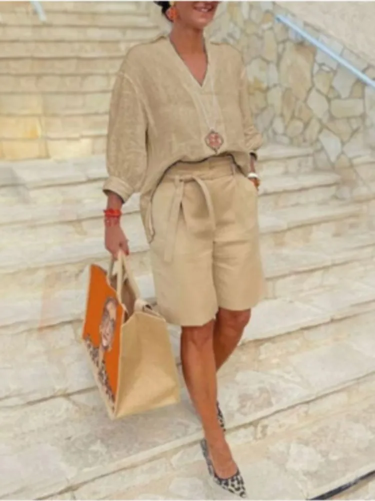

Summer Fashion New Two Piece Set For Women V-neck Half Sleeve Cotton Top & Wide Leg Shorts Outfit Female Elegant Loose Lady Suit