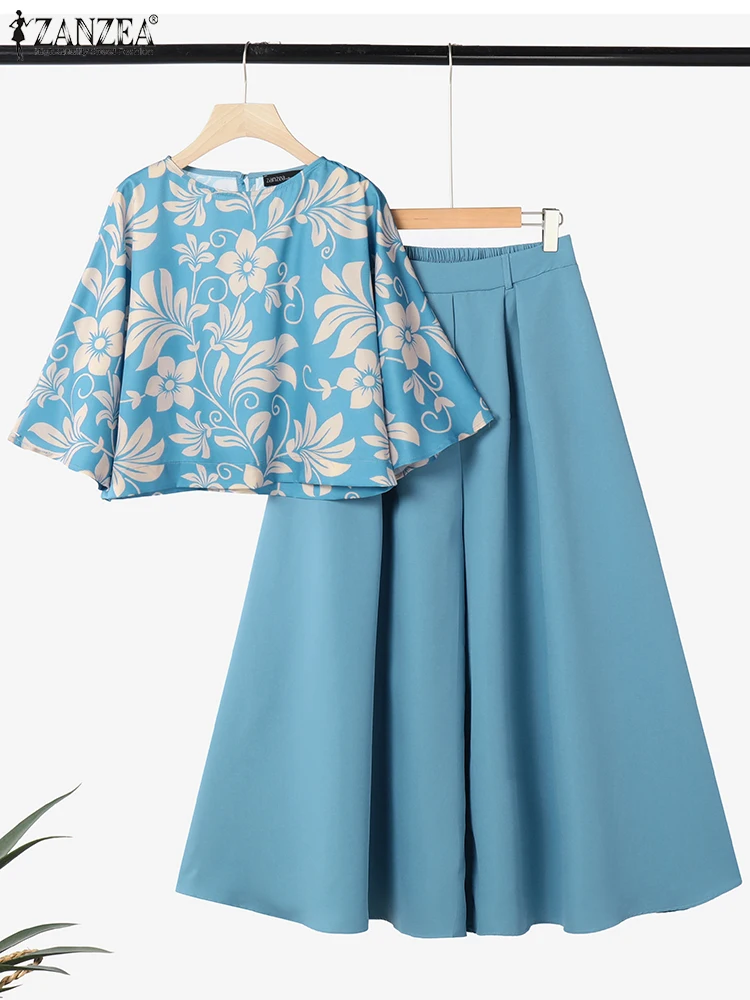 ZANZEA 2PCS Vintage Women Matching Sets Summer Outfits Fashion O Neck 3/4 Sleeve Printed Blouse Wide Leg Trousers Suit Oversize