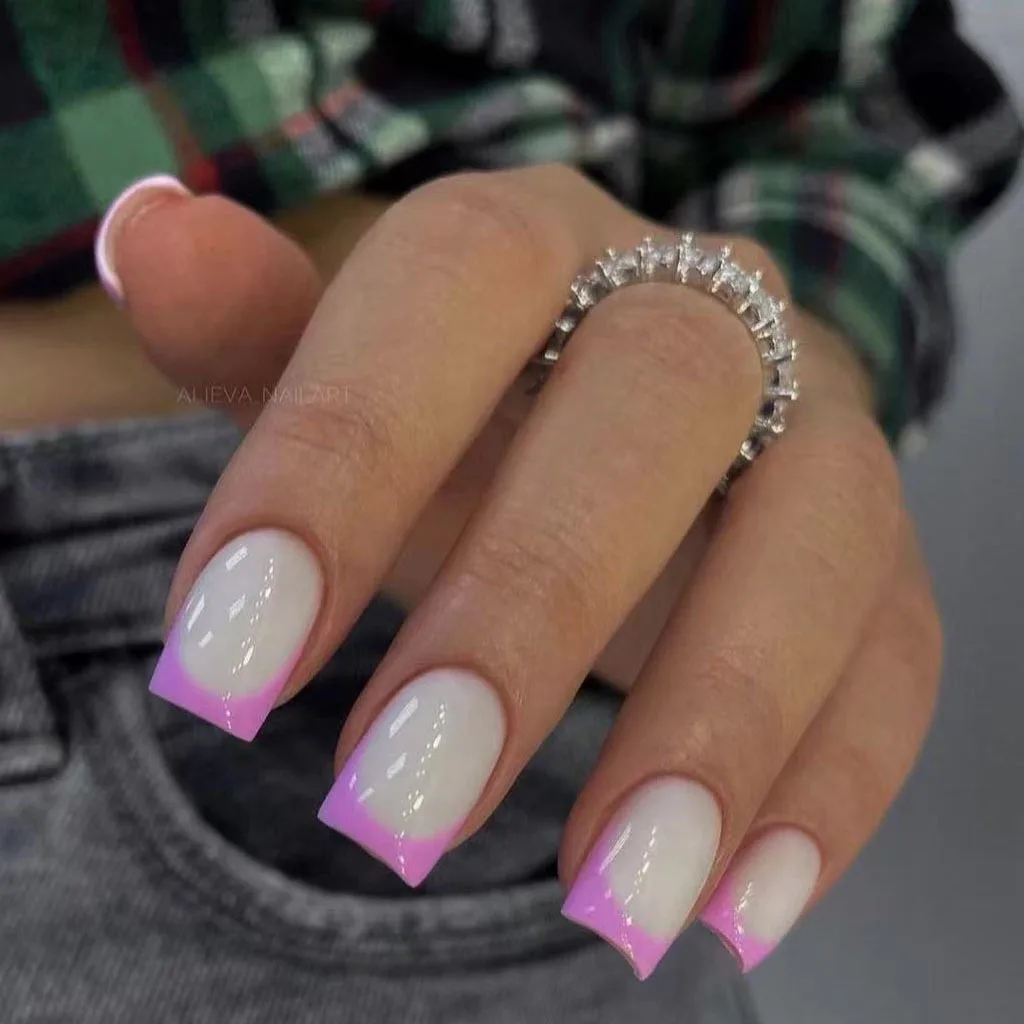 Roze Franse Vierkante Nail Art Draagbare Mode Eenvoudige Kleurrijke Nep Nagels Afneembare Afgewerkte Valse Nagels Druk Op Nagels Met Lijm