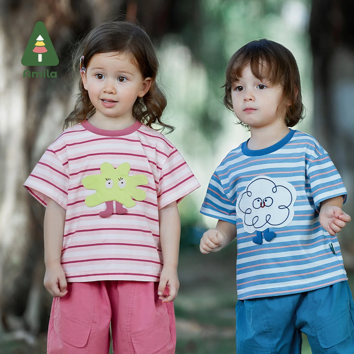 Amila Baby Short Sleeve T-shirt 2023 Summer New Cute Cartoon Collage Boys and Girls Casual Round Neck Striped Clothes 0-6Y