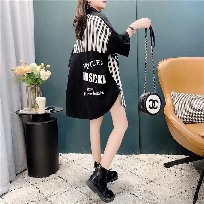 High Street Fashion Turn-down Collar Midi Blouse Women\'s Clothing Striped Letter Printed Summer New Casual Single-breasted Shirt