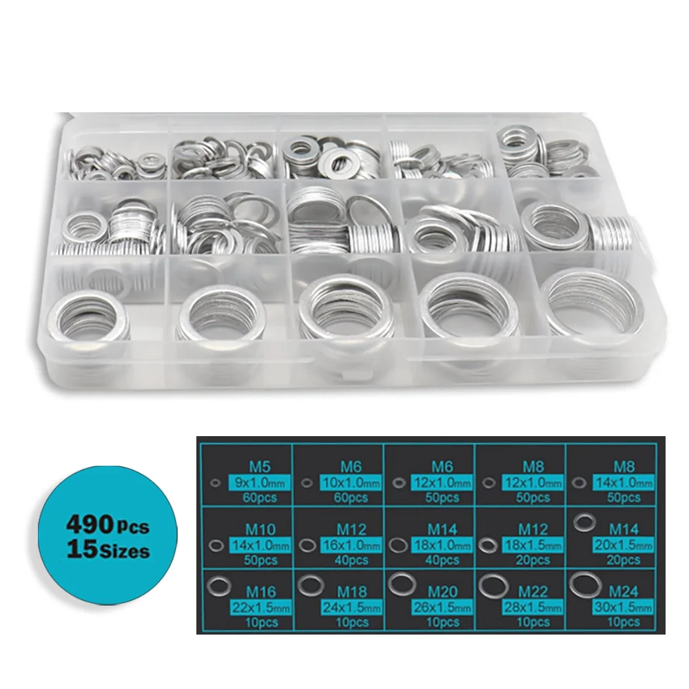 

490 шт. M5 - M24 алюминиевые плоские прокладки, прокладки для сливной пробки автомобильного масла, шайбы, различные прокладки, комплект металлических уплотнительных шайб