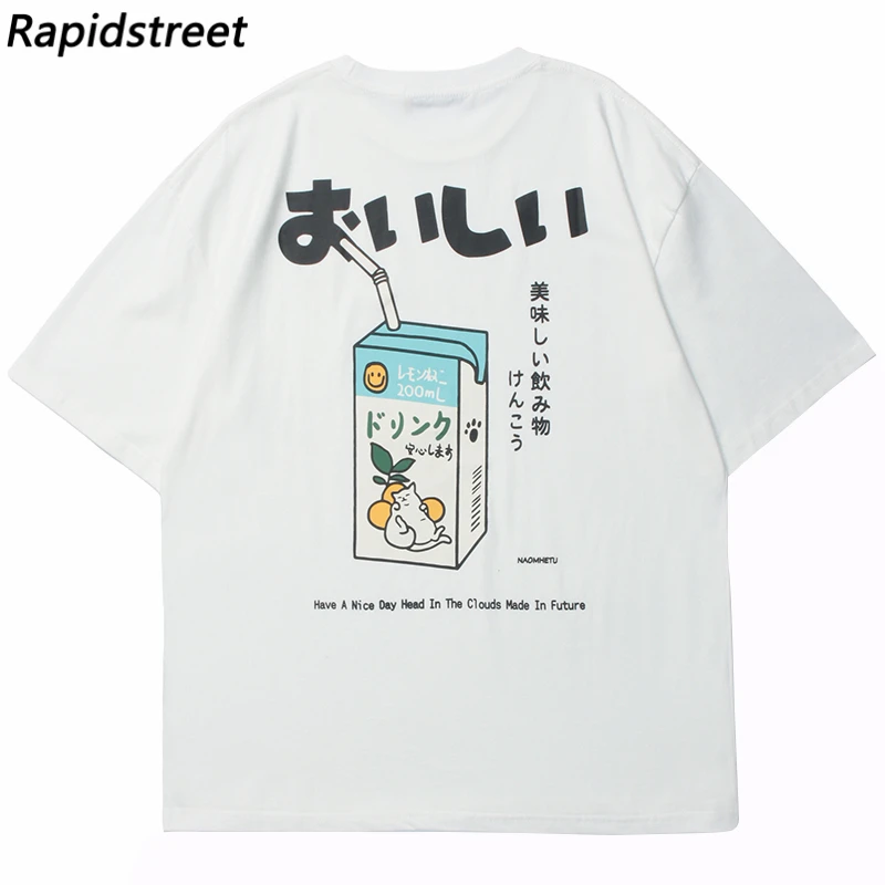 2023 Hip Hop Tshirt Men Japanese Kanji Drink Graphic T Shirt Streetwear Harajuku Summer Short Sleeve T-Shirt Unisex Tops Orange