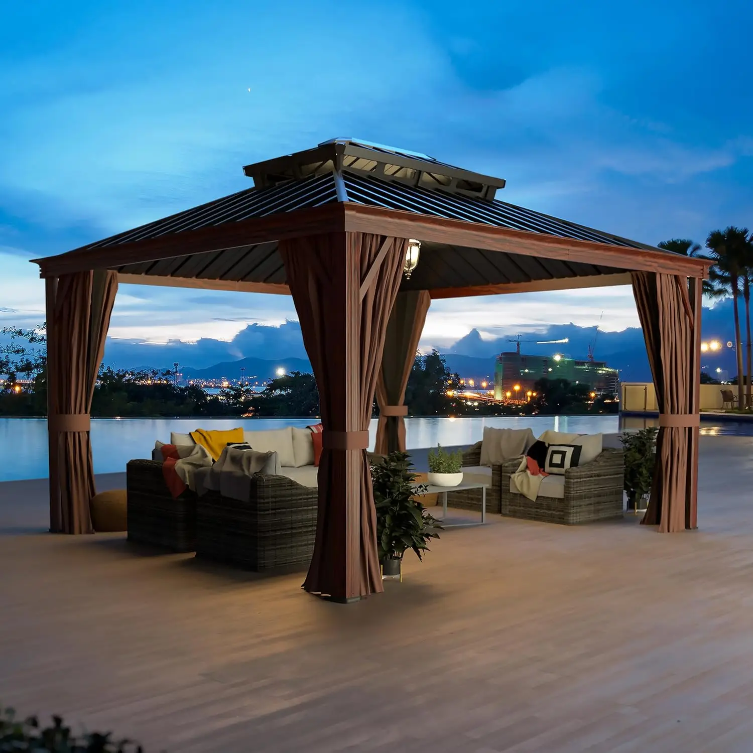 10'x 12' Gazebo, Wood-Looking Coated Hardtop Gazebo with Aluminum Frame, Permanent Outdoor Pavilion with Double, Customized